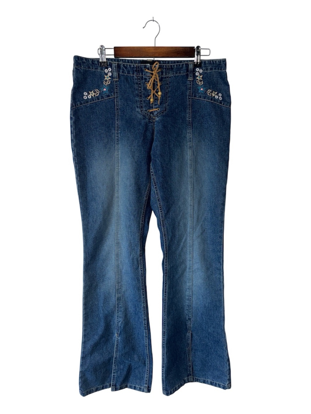 Authentic Y2K Flare Lace-Up Jeans Blue Embroidery Floral No Boundaries Size 13
